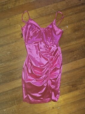 & Other Stories Hot Pink Satin Ruched Slip Dress